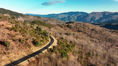 Elevated-shot-of-a-road-meandering-amidst-Pyrenees'-rugged-beauty.