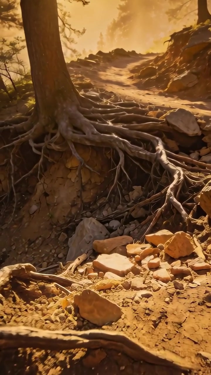 Vertical video: Moving camera sliding forward and down, showing pine roots on rocky sunlit trail