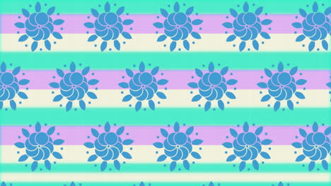 animación de diseño de flores azules repetidas que se mueven sobre rayas pastel