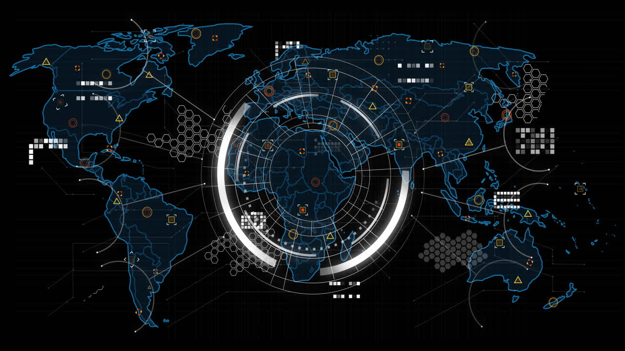 Animation of world map on data processing and scope scanning on black background