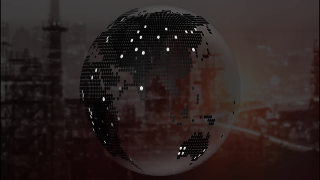 Digital animation of pixelated globe over cityscape with industrial background