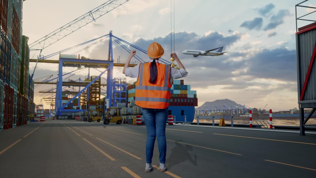 Full Body Back View Of A Female Engineer With Safety Helmet Raising Her Hands Celebrating While Working at Port with Container Ship and Cranes at Sunset