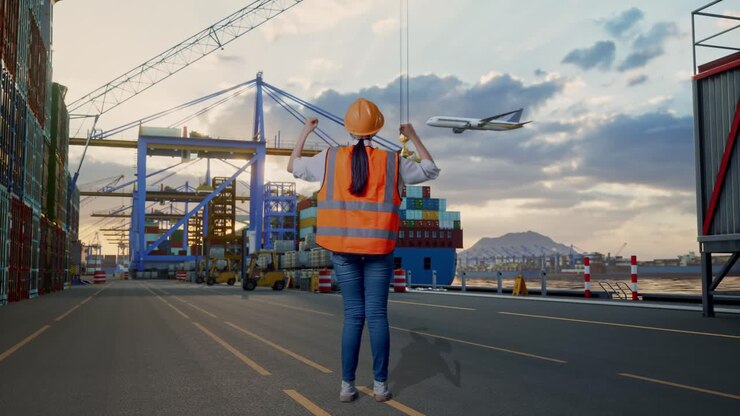 Full Body Back View Of A Female Engineer With Safety Helmet Raising Her Hands Celebrating While Working at Port with Container Ship and Cranes at Sunset