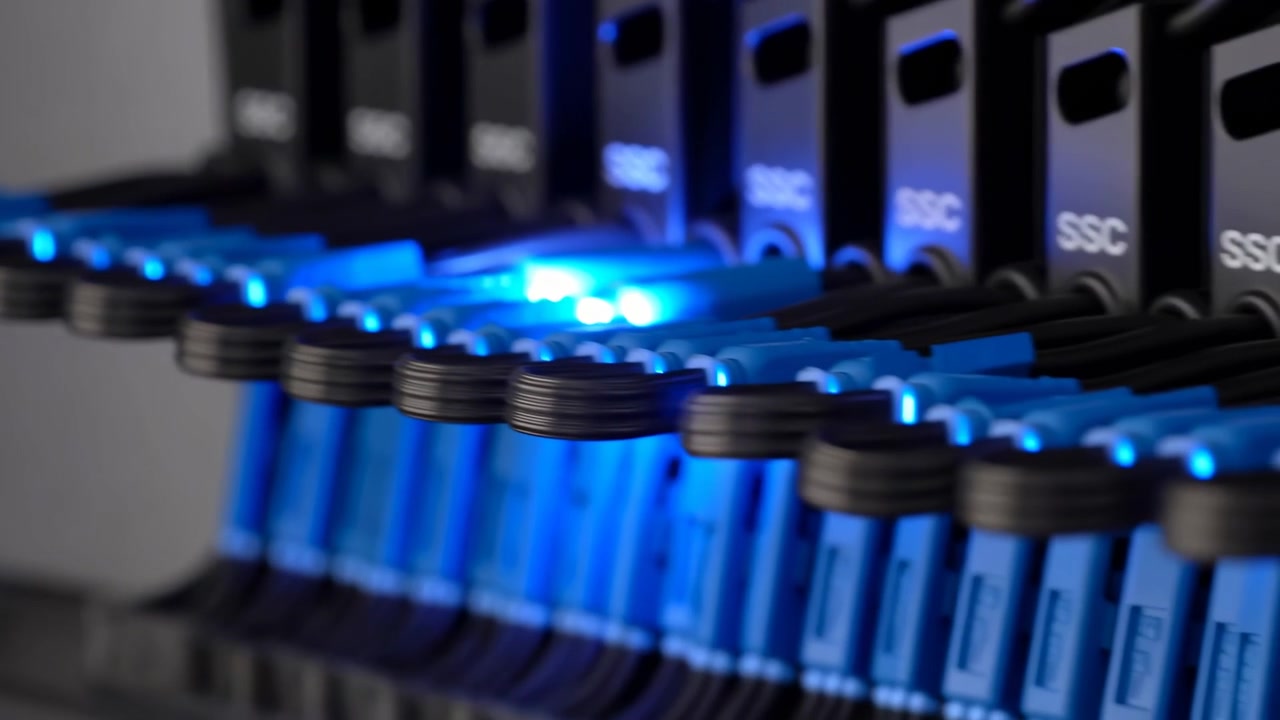 Low-angle close-up of multiple blue network connectors seated in rack modules labeled SSC, showing black rounded strain-relief caps and horizontal cables