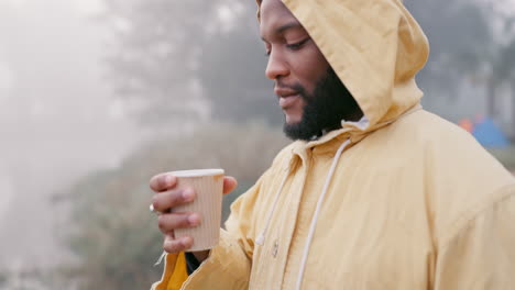 Black-man,-camping-and-drinking-coffee-in-forest