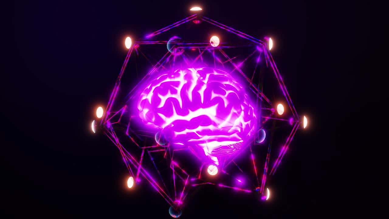 3D animation of glowing brain covered with neurons