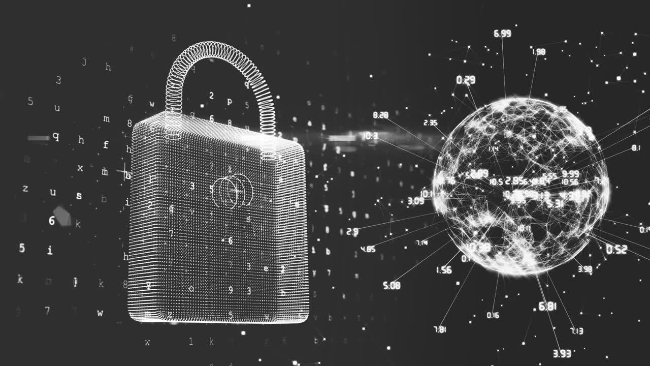 검은색 배경에 데이터 처리와 함께 회전하는  ⁇ 락과 지구의 애니메이션