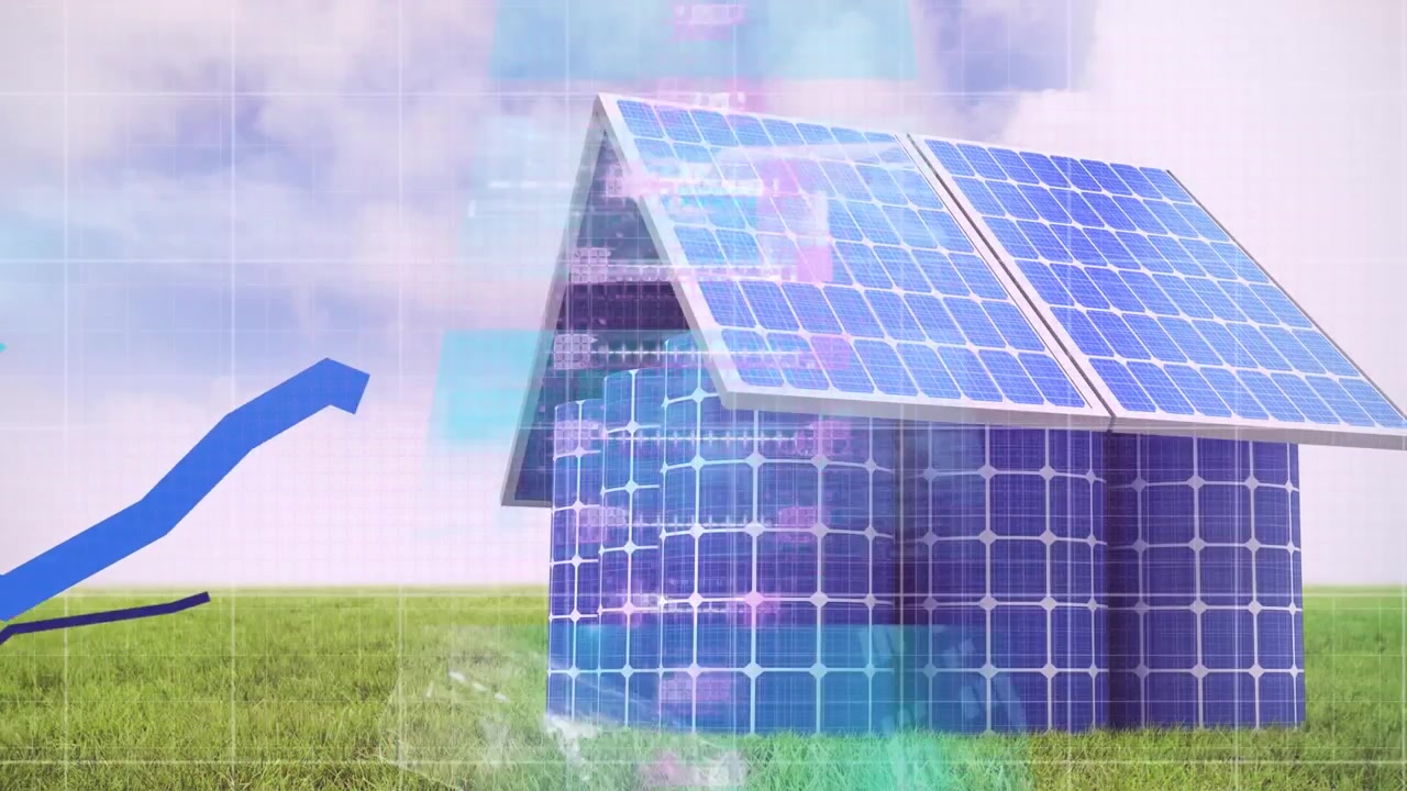 Animazione di elaborazione dati su una casa con pannelli solari.