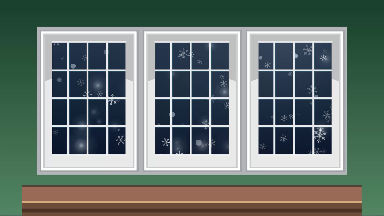 Stylized snowflakes drift past a triple-pane window against a dark night sky background.