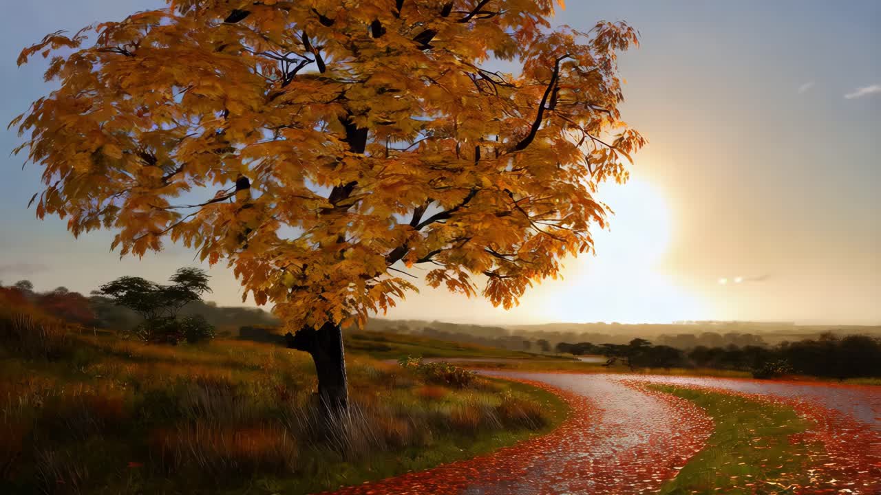Autumn Sunset Landscape with Colorful Tree
