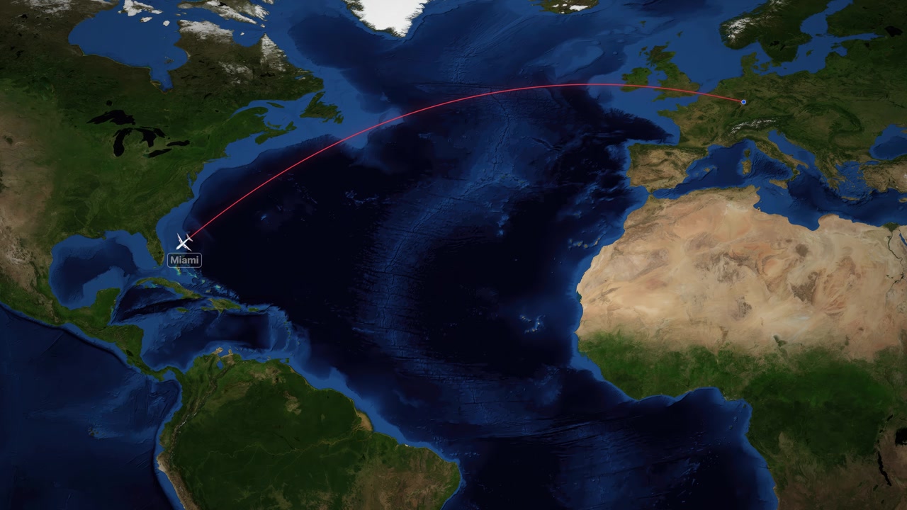 Satellite map animation follows airplane flight path from Frankfurt to Miami across the Atlantic