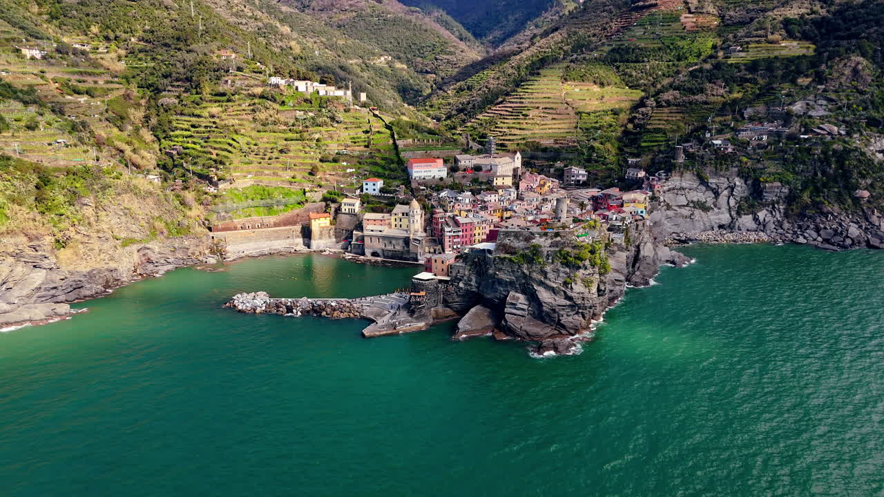 Vernazza, a colorful coastal village in cinque terre, italy, aerial view