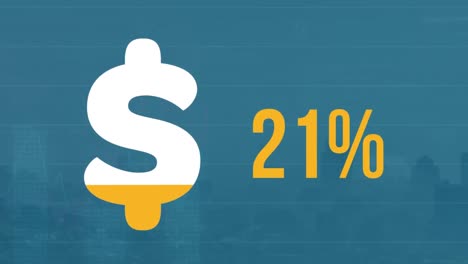 animation of dollar symbol with increasing percentage against aerial view of cityscape