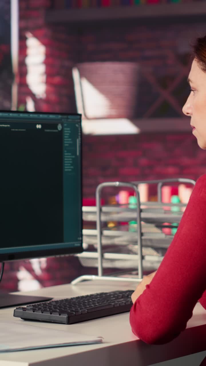 Vertikal video: Kvinde, der skriver på en computer og chatter med en AI-assistent