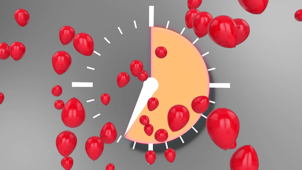 회색 배경에 대해 자정까지 틱하는 잠금 위에 떠다니는 여러 개의 빨간 풍선