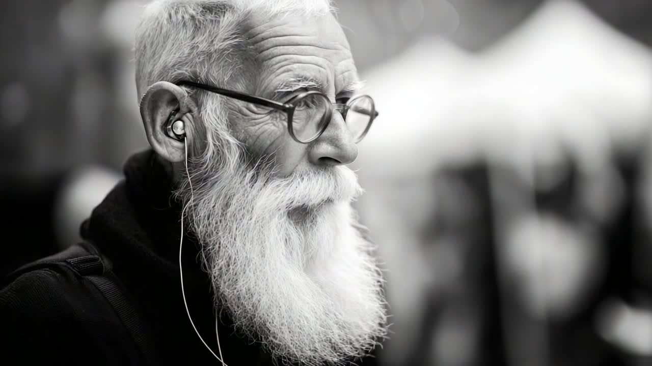 An elderly man with a distinguished white beard and round glasses listens intently with earbuds in a contemplative moment, showcasing wisdom and experience in a timeless black-and-white portrait
