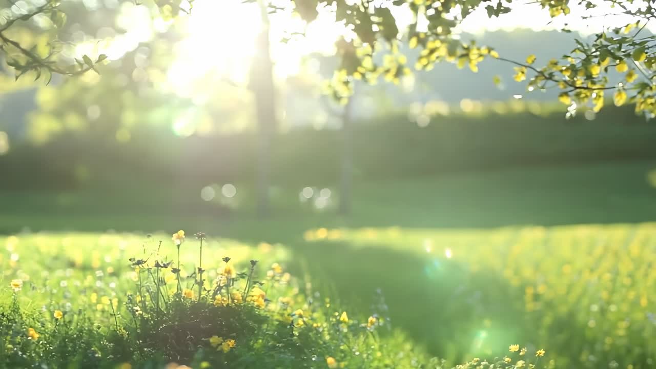 花が咲き乱れる穏やかな日差しが降り注ぐ草原を、ソフトフォーカス、ローアングルで撮影した動画。