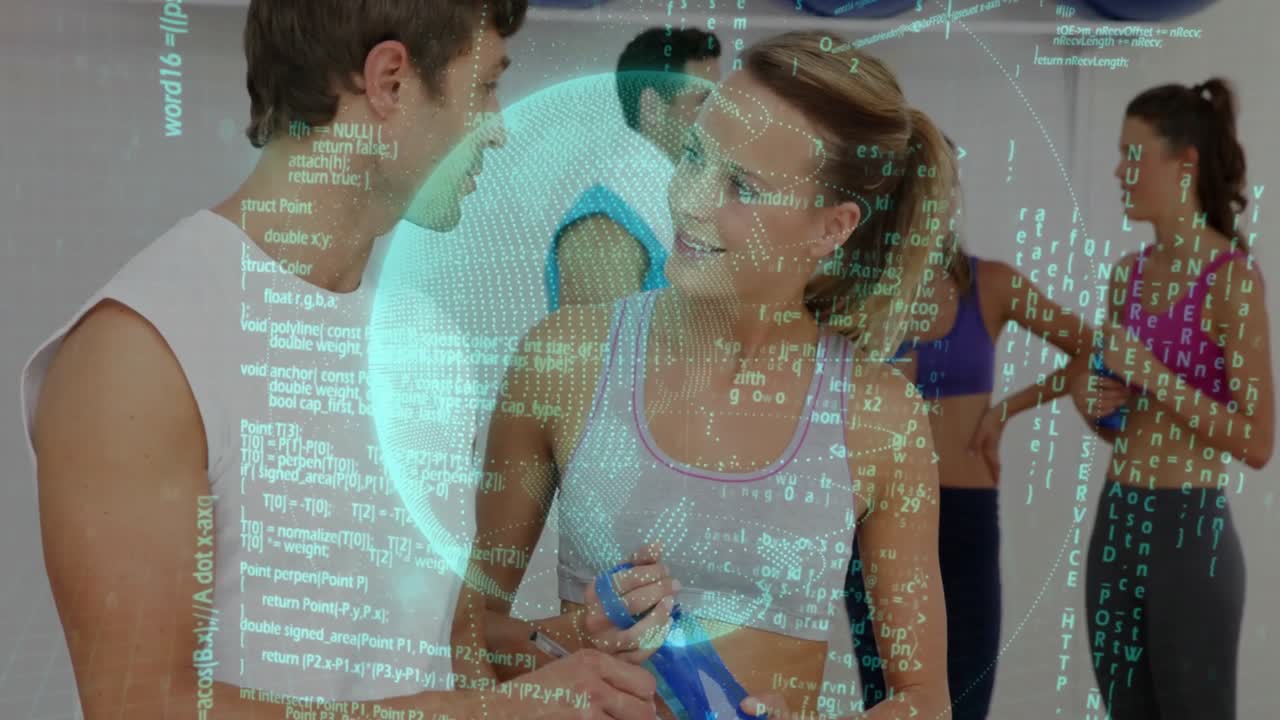 Instructor writing notes and activating holographic fitness data globe tracking trainee performance