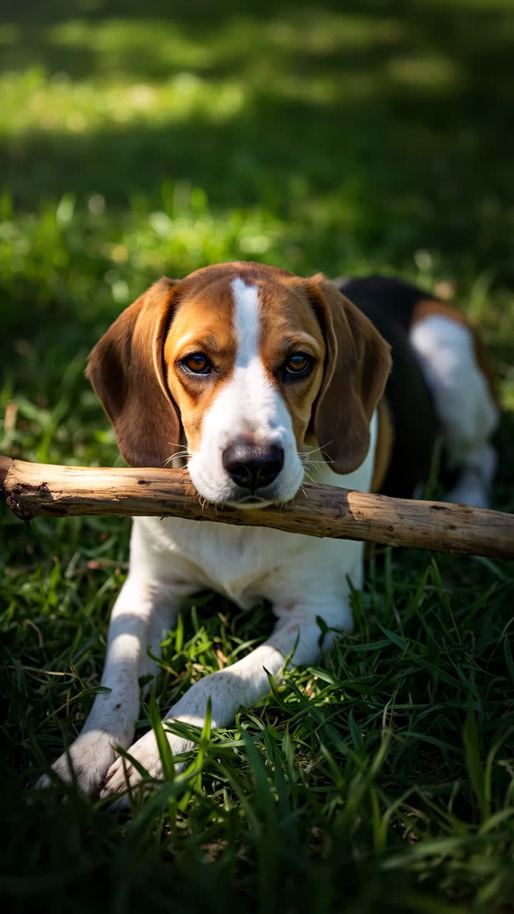 Beagle Puppy Playing with a Stick on the Grass