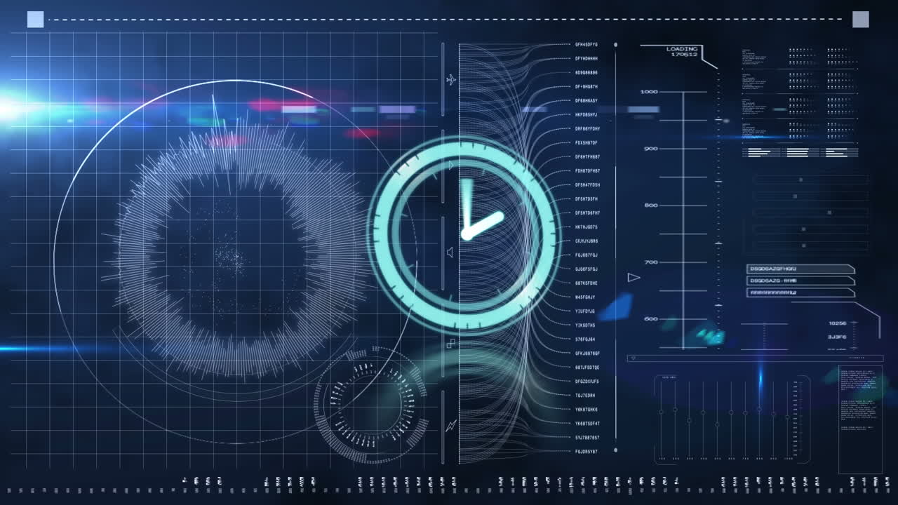 어두운 배경에 디지털 인터페이스를 통해 시계의 애니메이션