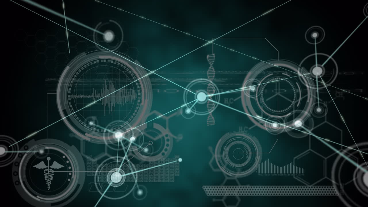 Animation of network of connections over data processing on black background