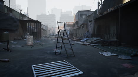 abandoned urban marketplace in early morning light showing vacant stalls