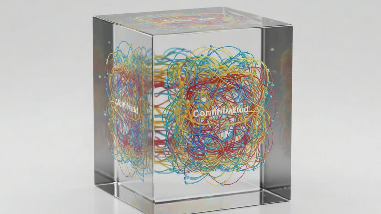 A Captivating 3D Art Piece Featuring Colorful Entangled Wires Within an Elegant Display Cube, Symbolizing Connectivity and Dynamic Interactions in Modern Design