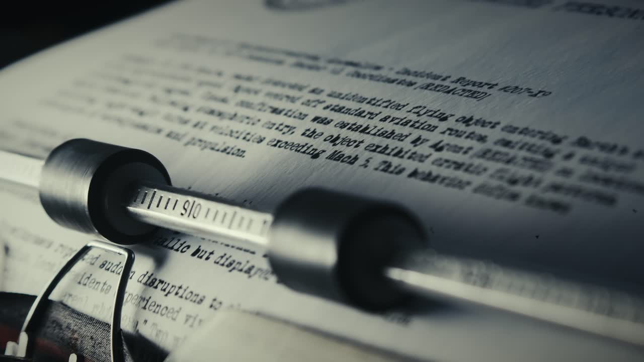 Paper document scrolling on retro typewriter in low key light CLOSE-UP