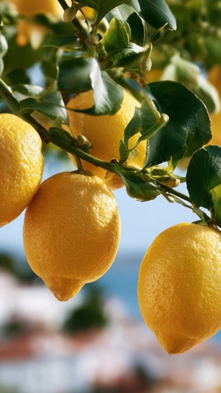 Primo piano vibrante di limoni freschi appesi a un albero rigoglioso, che mostrano il loro colore giallo brillante e la loro consistenza lucida su uno splendido sfondo