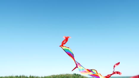 camera is aimed at a kite in the blue sky close-up