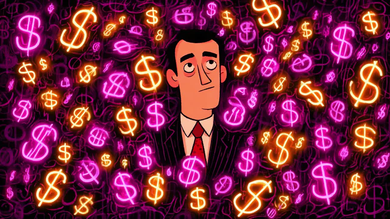 Un personaggio animato si erge in mezzo a una vivace esplosione di simboli del dollaro luminosi, contemplando la ricchezza e il denaro in una scena riccamente illustrata, piena di colori dinamici e design intriganti.