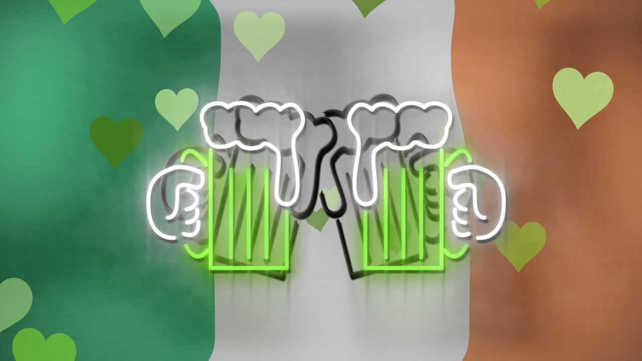 Animación de corazones verdes y gafas de neón del Día de San Patricio sobre cerveza en fondo de bandera irlandesa