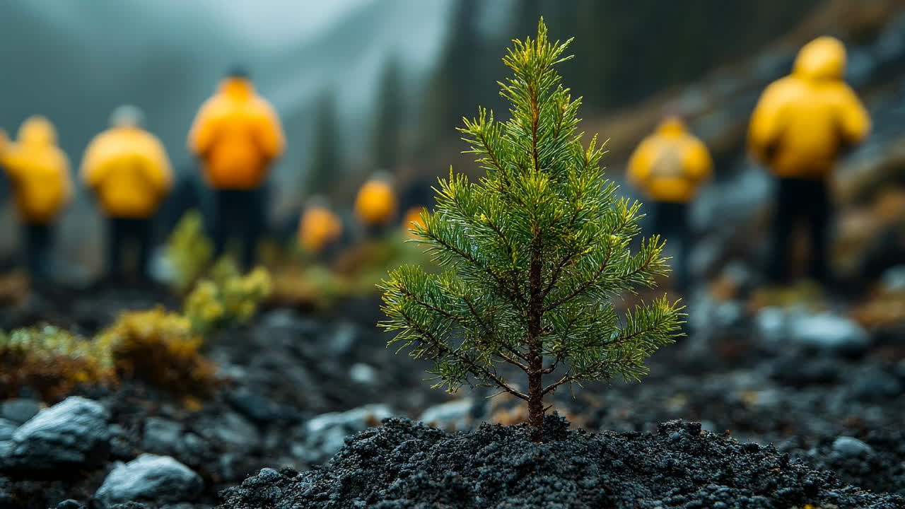 Volunteers plant trees in a forest area. Group of people wearing bright jackets plant young trees in a forest area during a cloudy day