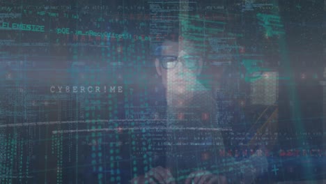 Animation of cyber security data processing over portrait of male hacker using laptop
