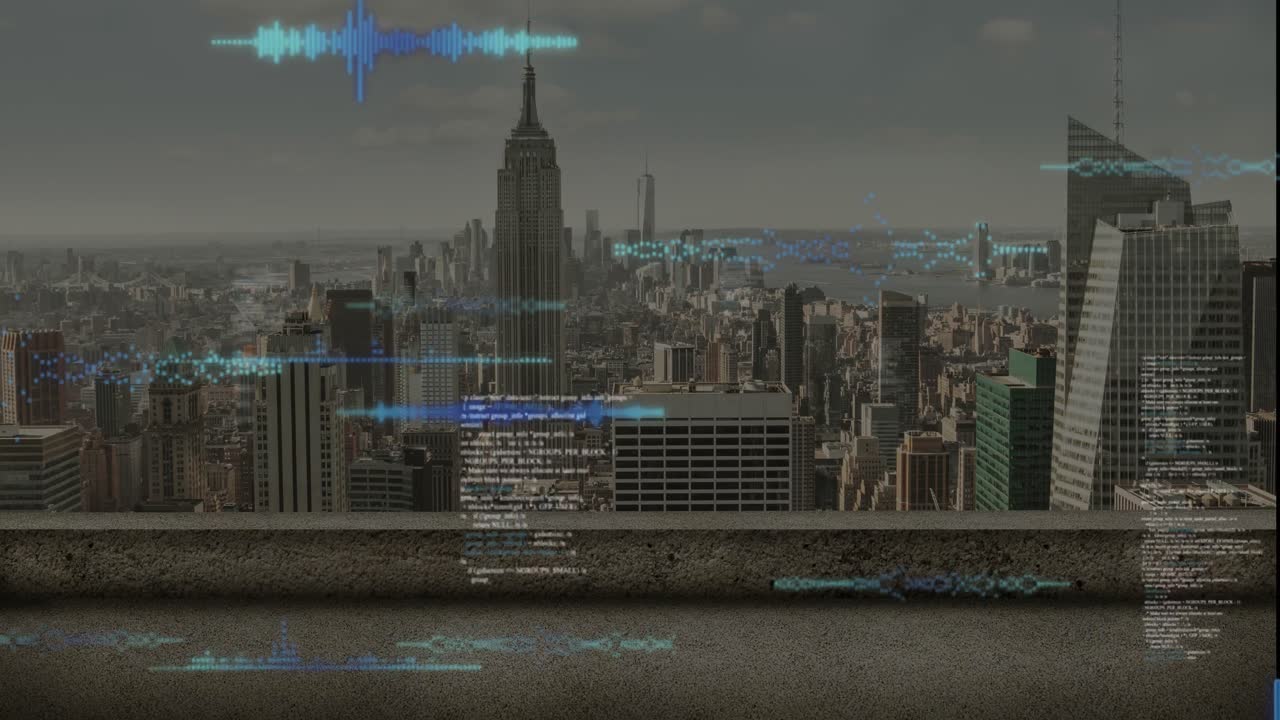 Animation of data processing against aerial view of tall buildings