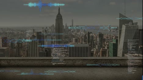 animation of data processing against aerial view of tall buildings