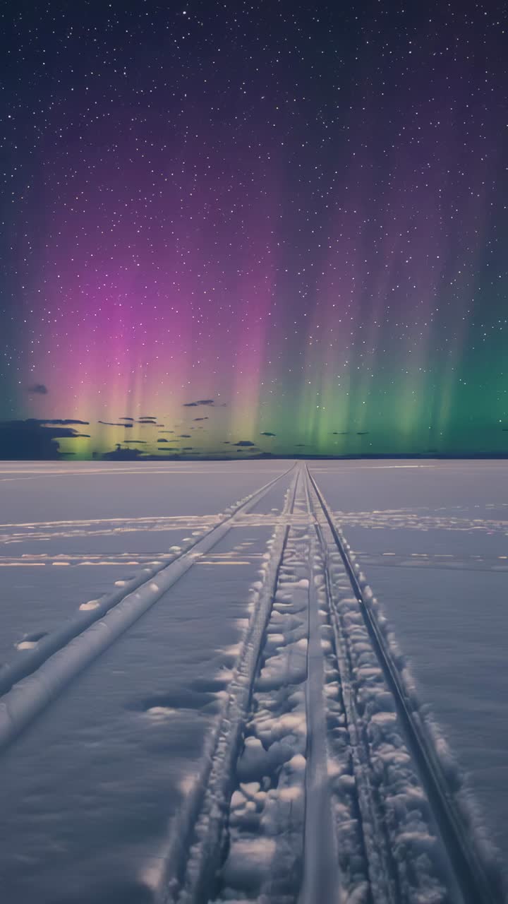 Vertical video: Moving camera following snow tracks toward horizon at night, revealing aurora