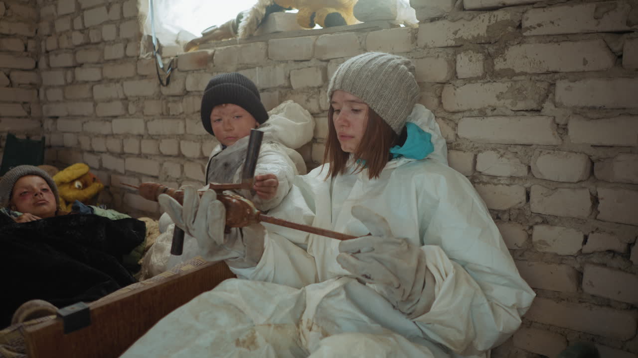 Woman in hazmat suit sits beside two malnourished children in abandoned shelter, carefully examining rusty tool while children rest on mattress near broken bricks and worn blankets