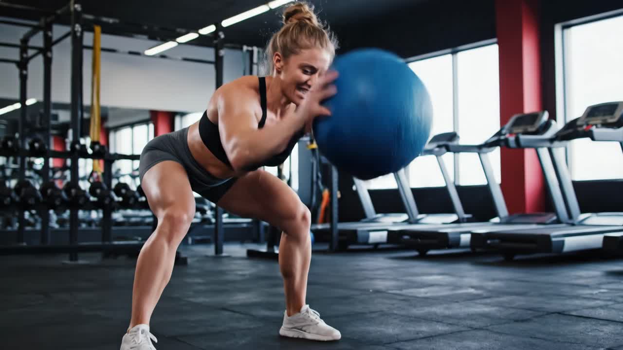 Strong Woman Exercising with Medicine Ball in Gym