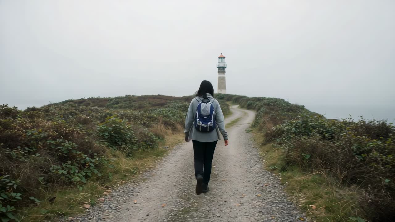 Mujer dando zancadas con abrigo caminando por un camino de grava hacia un faro distante, mochila azul