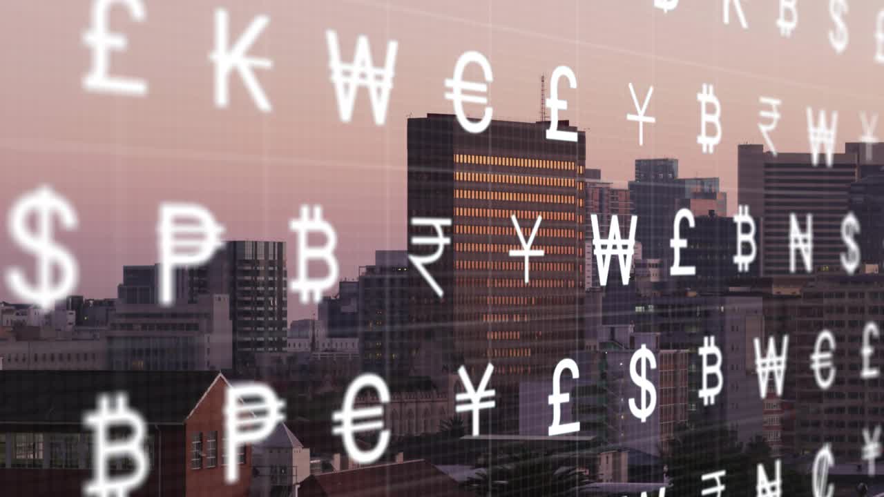 Dusk glow activating currency layer, symbols drifting right, flickering, visualizing market flow