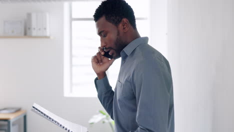 Phone-call,-documents-and-black-man-talking