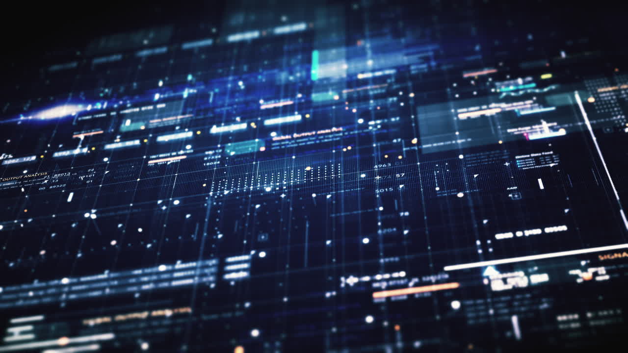 Advance data matrix, telemetry and encrypt numbers simulation user interface display in cyber space abstract de-focus environment background