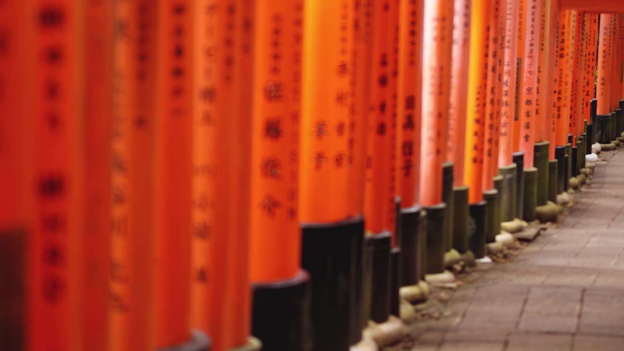 A close-up view of orange columns featuring inscriptions, creating a striking visual alignment.