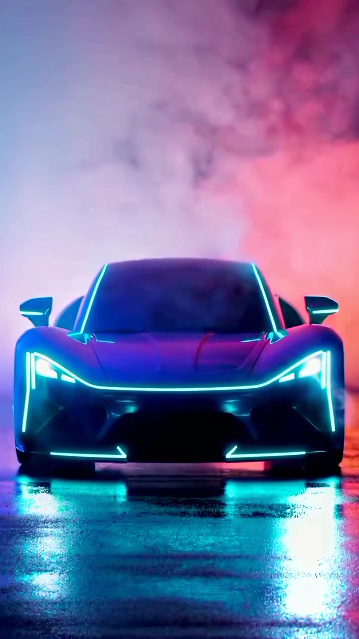 Auto sportiva futuristica con luci al neon nel fumo