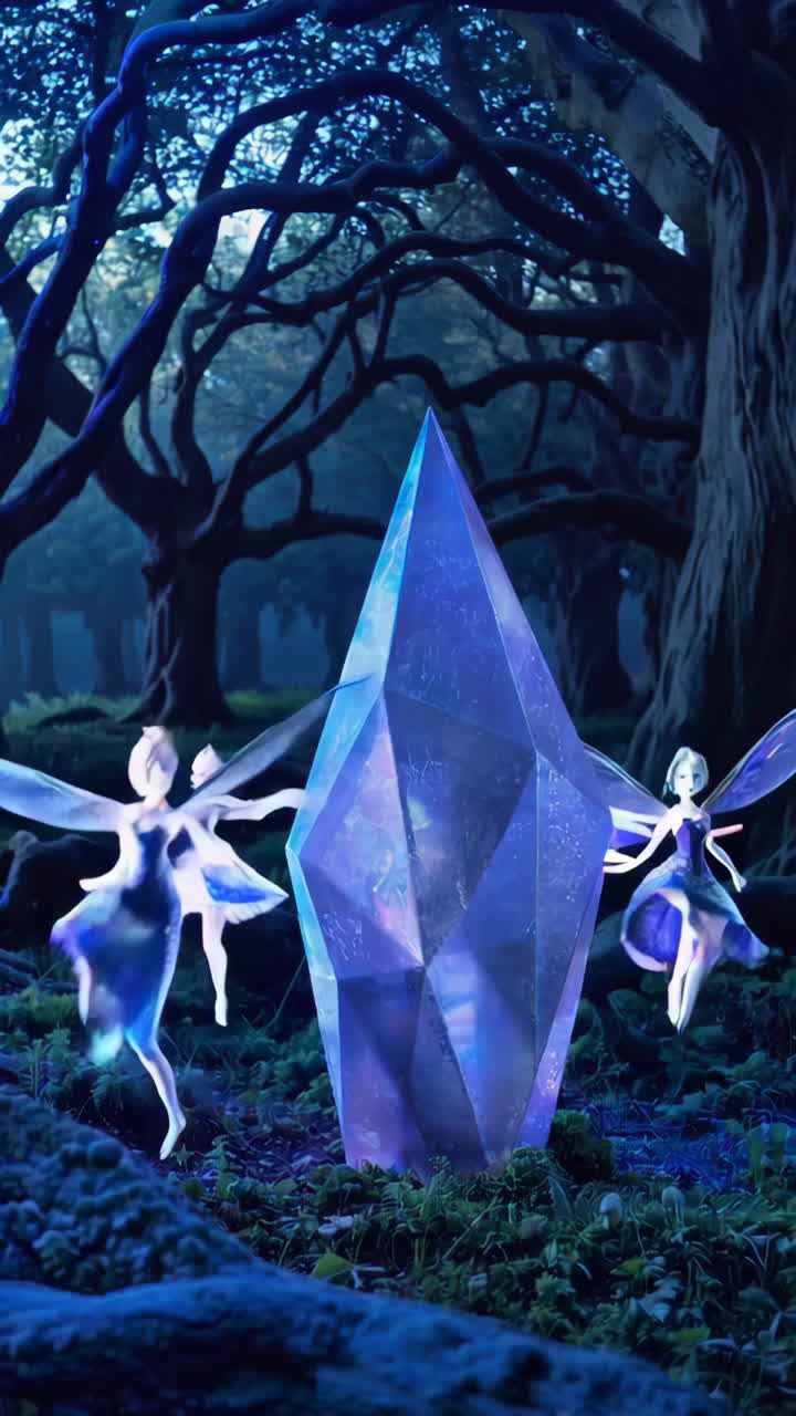 Fairies Dancing Around a Magical Crystal in a Forest at Night