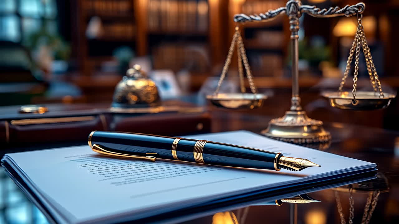 Elegant pen and scales in a law office. A sleek pen rests on a document in a law office, with gold scales of justice softly lit in the background