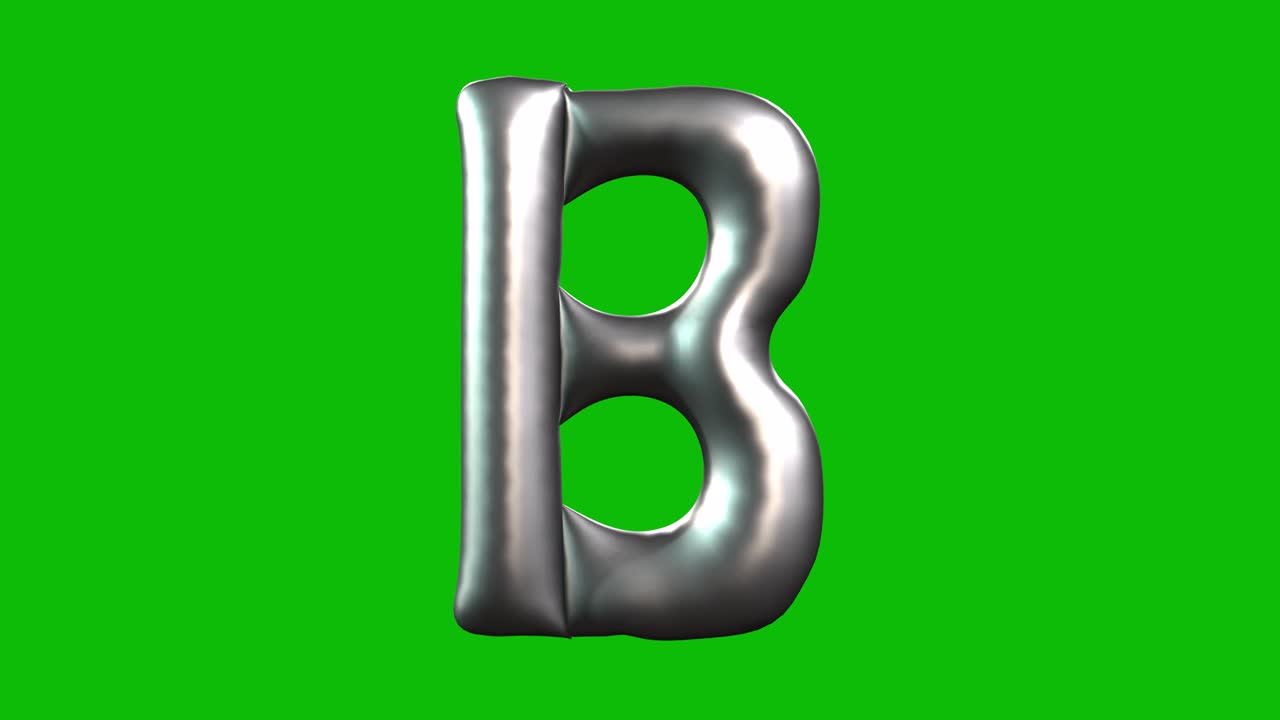 Silver Foil balloon letter B inflates, spins, and reveals on green screen in 3D animation. Ideal for celebrations, parties, birthdays, and video editing projects