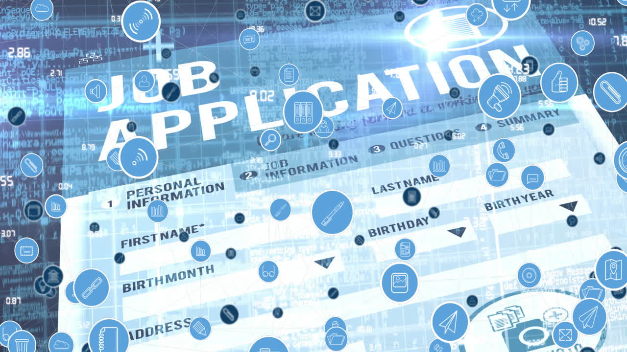 Animation of network of connections with icons over job application