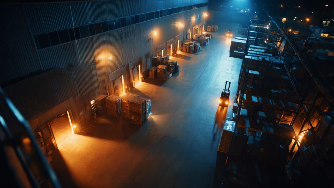 Aerial view of a dimly lit warehouse with illuminated loading bays and parked forklifts, showcasing organized stacks of pallets in a vast storage area, highlighting a late-night operation in a commercial facility